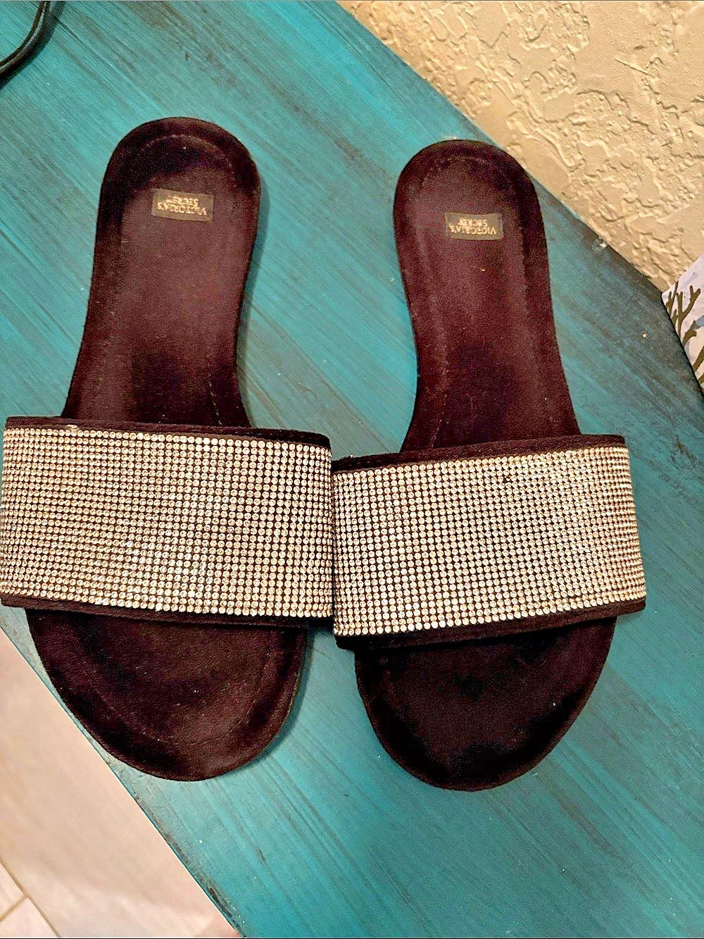 Victoria's Secret Rhinestone Strap Sandals in Black & Silver